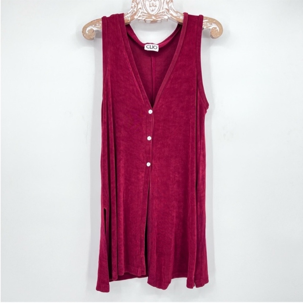 Vintage Clio Maroon Burgundy Sleeveless long Button Down cardigan Vest sz Large